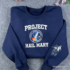 Premium navy blue crewneck sweatshirt with "Project Hail Mary" collegiate embroidery and mission patch. A must-have for fans of Andy Weir’s sci-fi novel and space exploration books