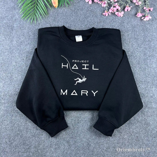 Black Project Hail Mary embroidered sweatshirt with Ryland Grace astronaut design for sci-fi fans.