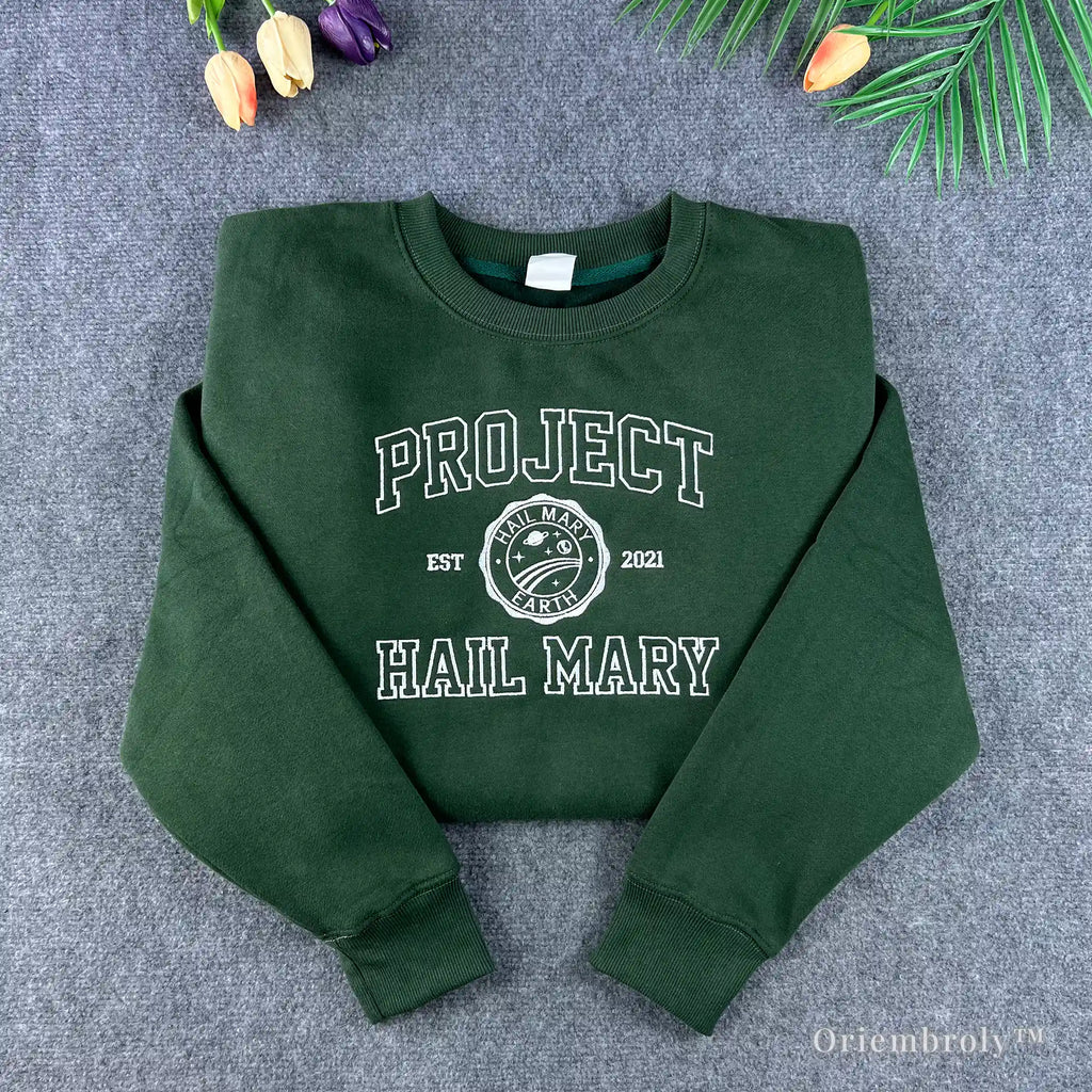 Forest green Project Hail Mary embroidered sweatshirt with minimalist book-inspired design