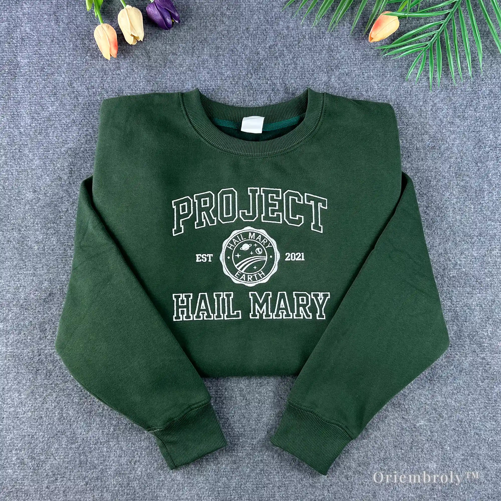 Forest green Project Hail Mary embroidered sweatshirt with minimalist book-inspired design