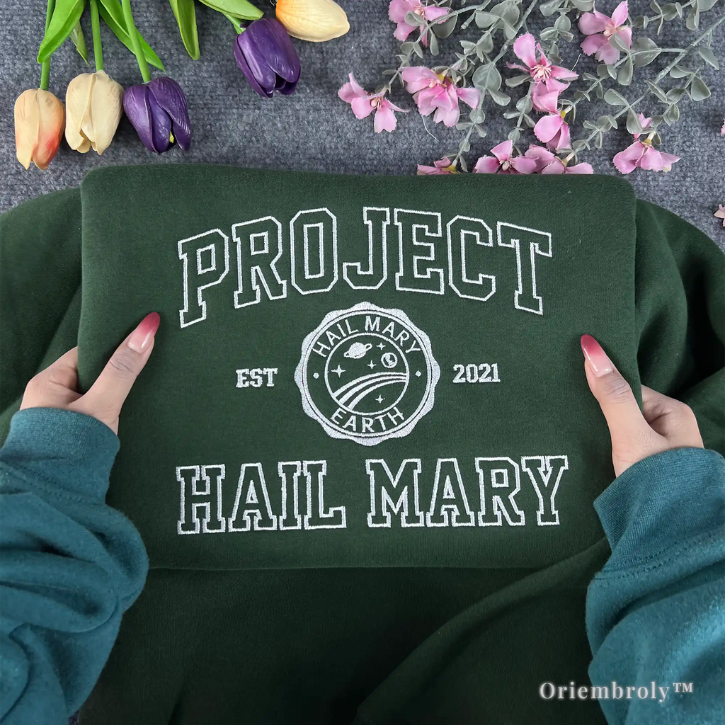 Official-style Project Hail Mary merch: Sci-fi book inspired embroidered sweater in dark green