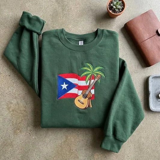uerto Rican flag and guitar embroidered green crewneck sweatshirt