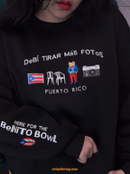 Close-up of the embroidered Puerto Rico logo and texture on the sweatshirt fabric