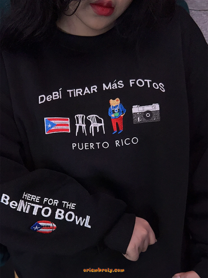 Close-up of the embroidered Puerto Rico logo and texture on the sweatshirt fabric