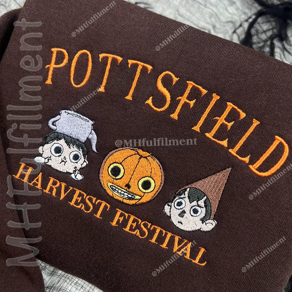 Embroidered Pottsfield Harvest Festival Sweatshirt - Gothic Halloween Pumpkin Skeleton Crewneck