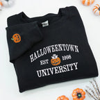 Black sweatshirt with 'Halloweentown University' text and pumpkins on a white background