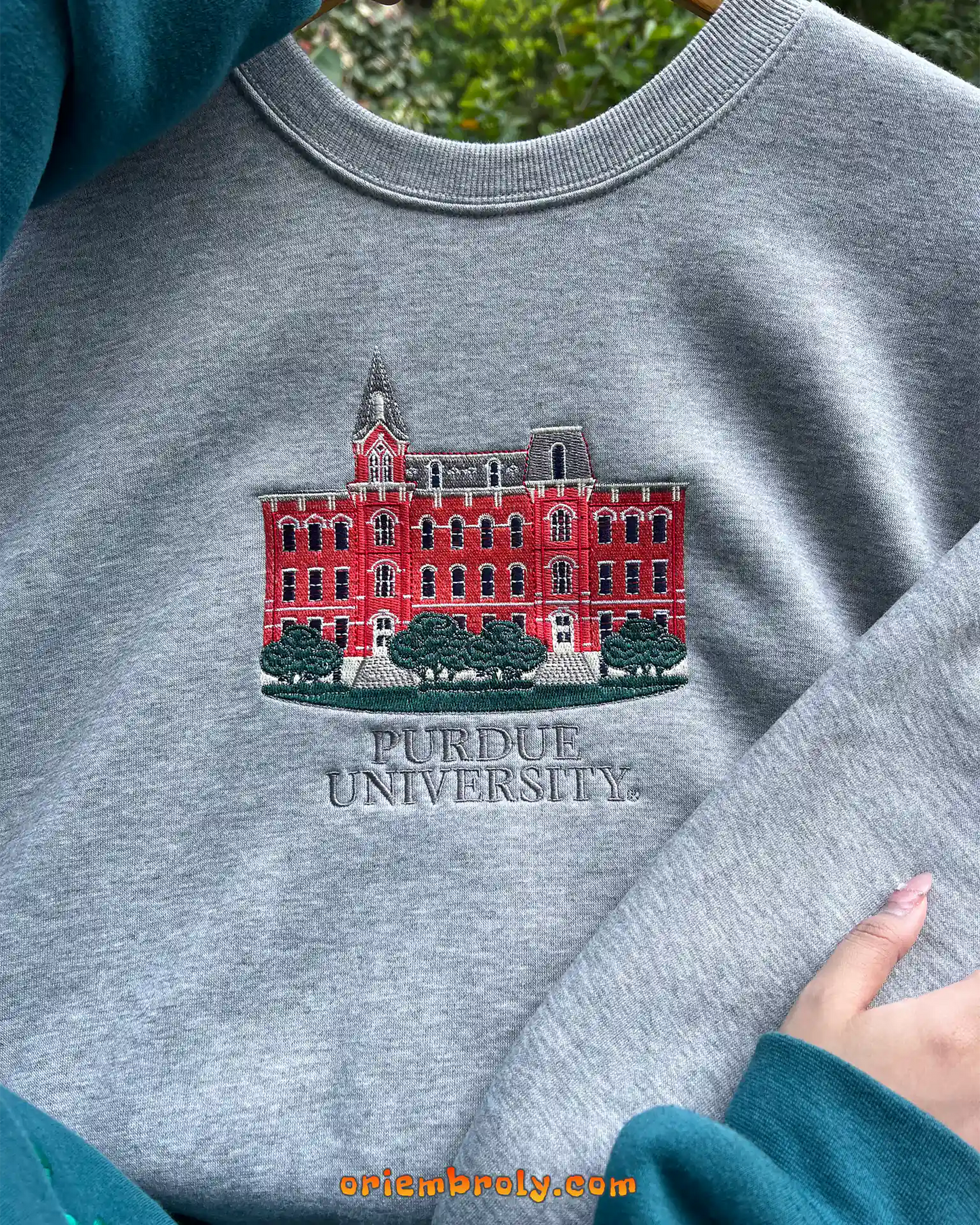 College crewneck inspired by Purdue University architecture