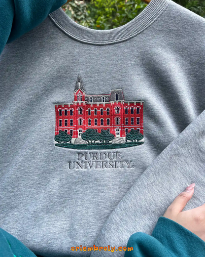 College crewneck inspired by Purdue University architecture