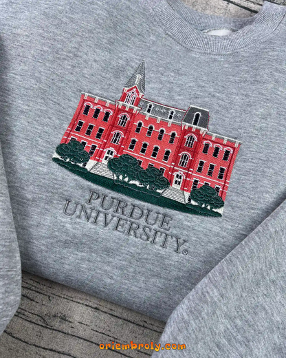 Embroidered Purdue University campus building sweatshirt