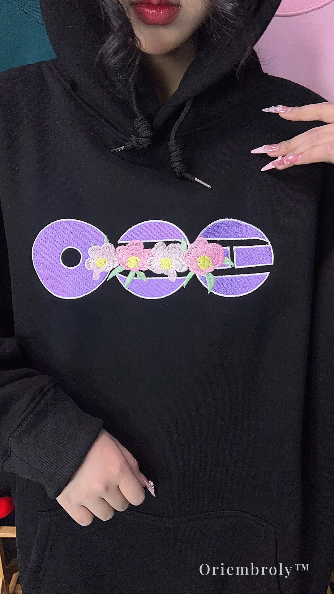 floral embroidered fan hoodie purple symbol design