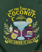Close-up of Put The Lime In The Coconut yellow and green embroidery design on a forest green sweatshirt