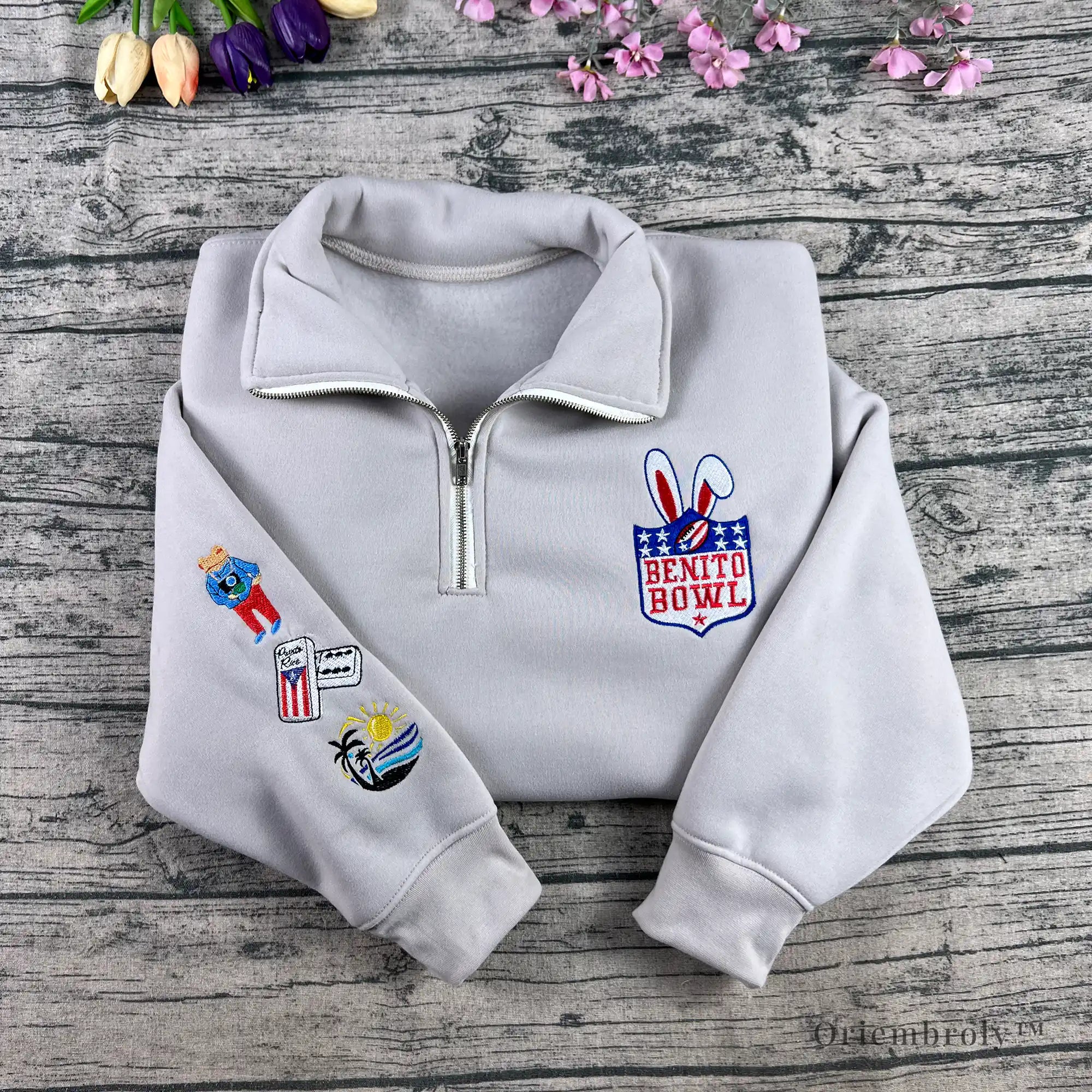 Varsity-style Team Benito crest embroidery with stars