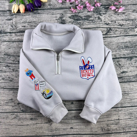 Varsity-style Team Benito crest embroidery with stars