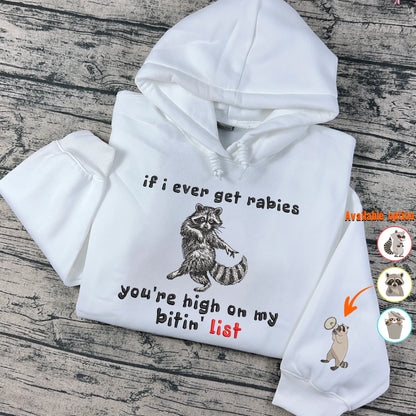 Rabies raccoon embroidered hoodie white funny meme sweatshirt