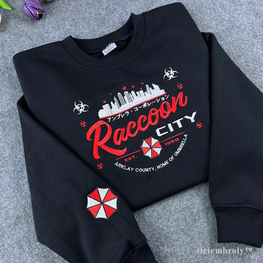 raccoon city biohazard embroidered sweatshirt front design