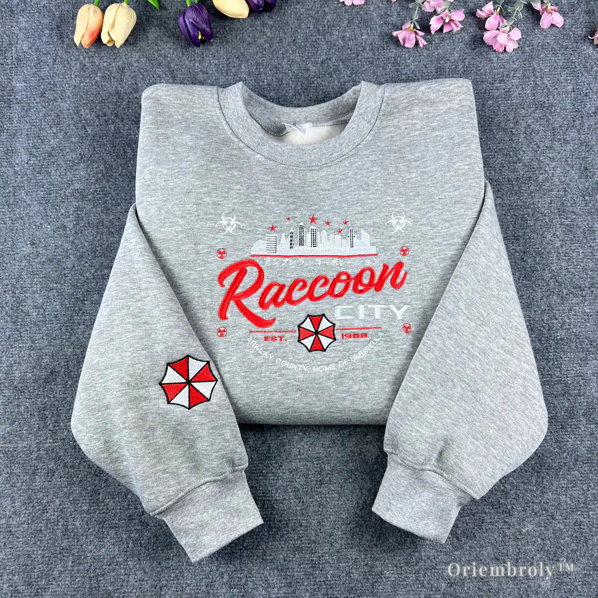 raccoon city skyline embroidery on black crewneck