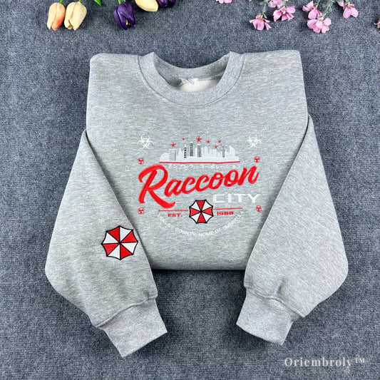 raccoon city skyline embroidery on black crewneck