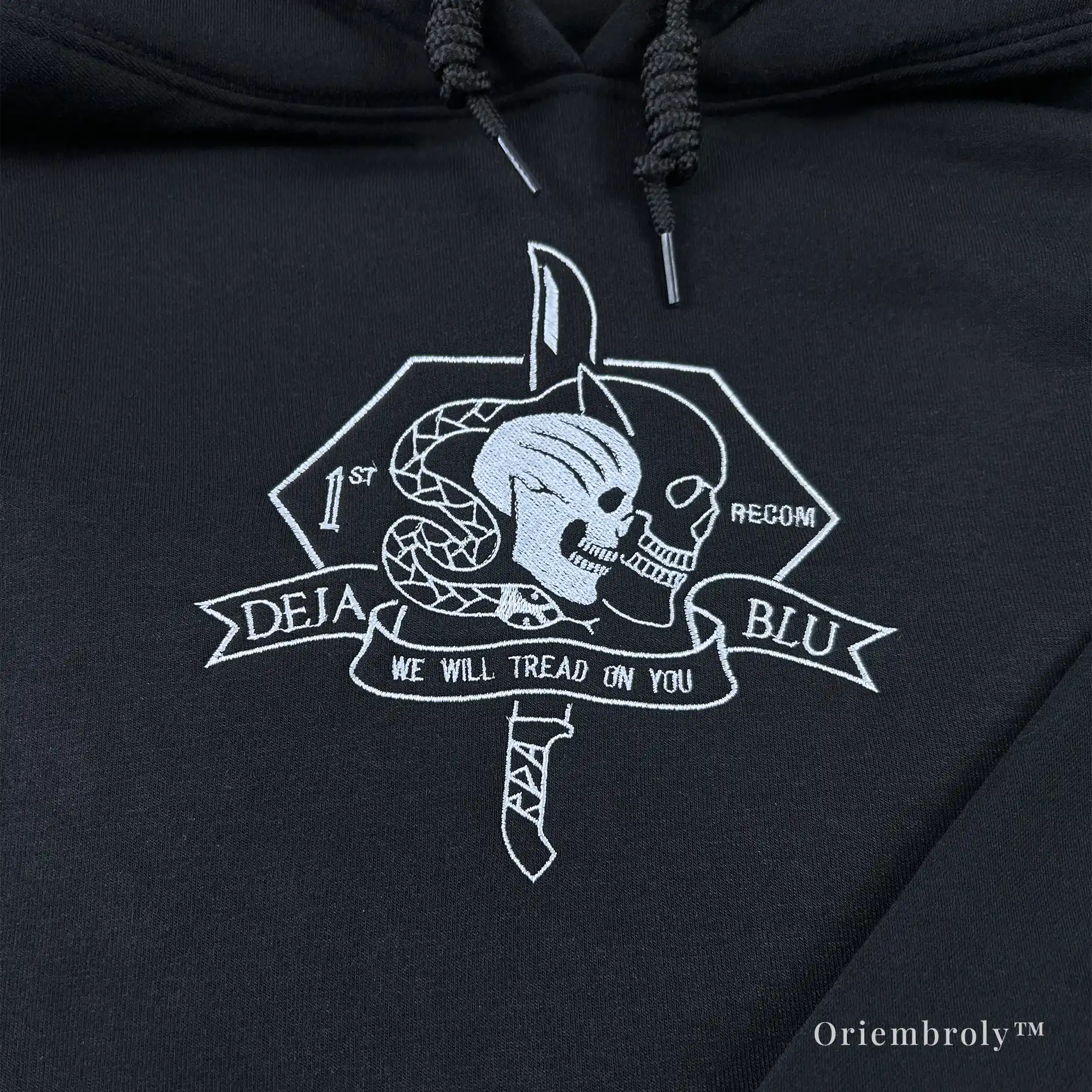 Recon unit inspired embroidered hoodie chest detail