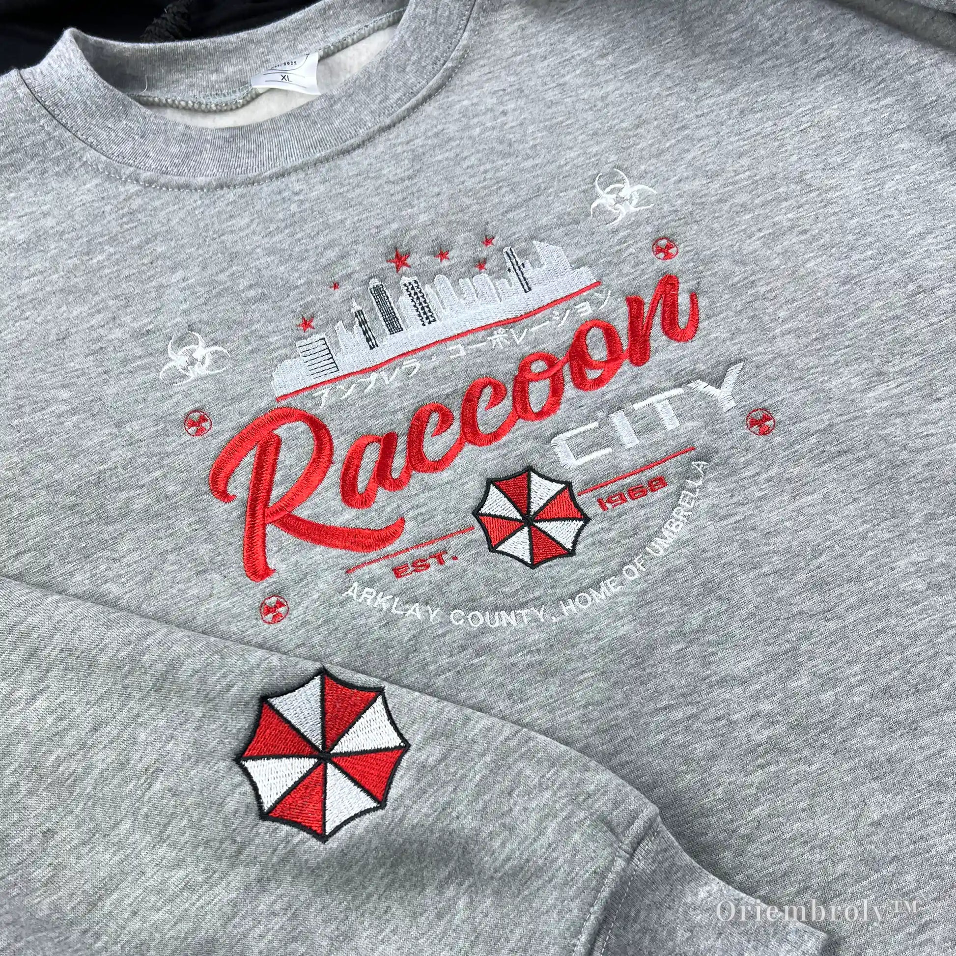 red and white octagon emblem embroidery detail sweatshirt