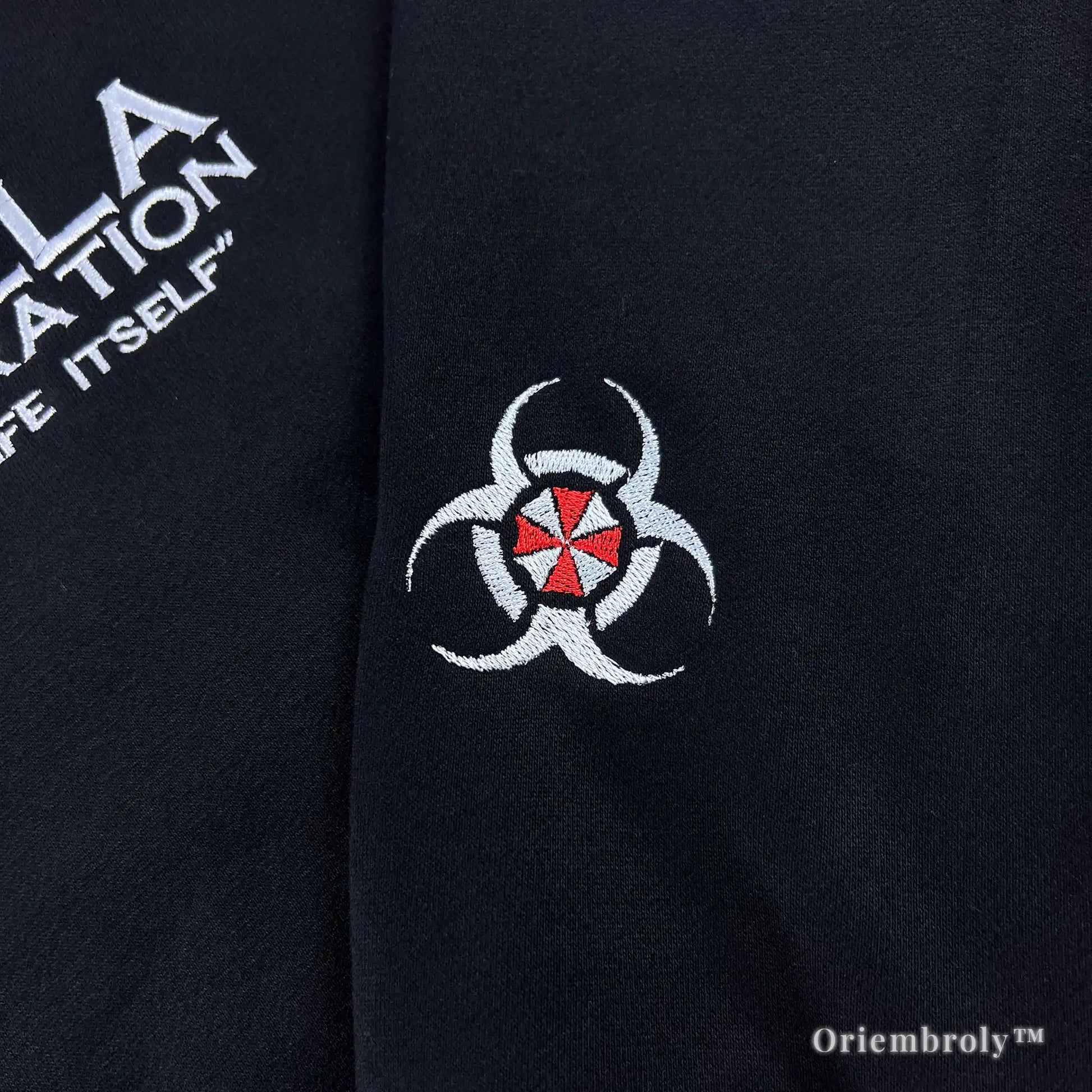 High-quality Resident Evil gaming merchandise: black embroidered hoodie for fans and gamers