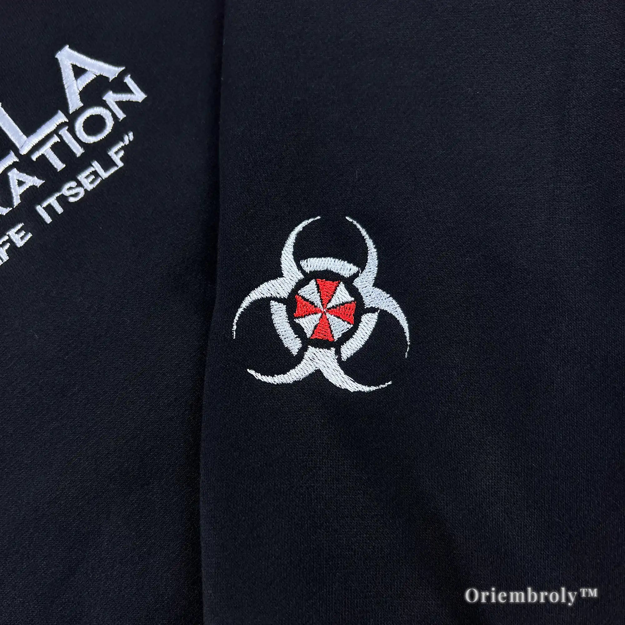 High-quality Resident Evil gaming merchandise: black embroidered hoodie for fans and gamers