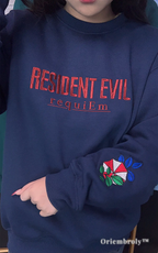 Resident Evil gaming merch navy fleece sweatshirt with aesthetic sleeve embroidery detail.