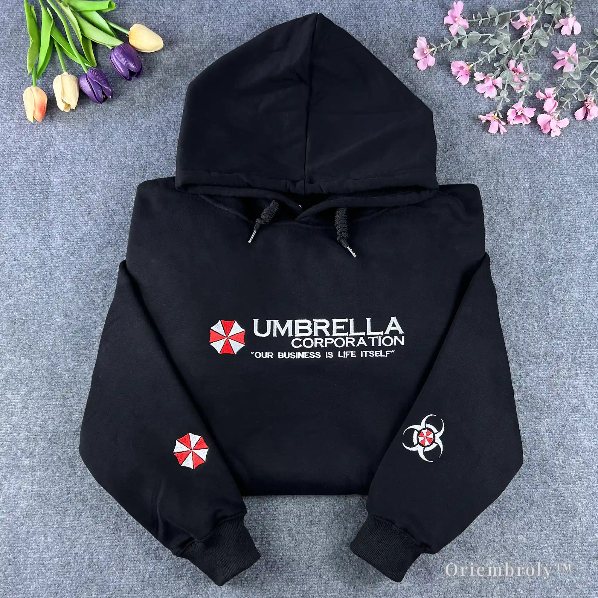 Black Resident Evil Umbrella Corporation embroidered hoodie with sleeve logo details