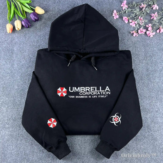Black Resident Evil Umbrella Corporation embroidered hoodie with sleeve logo details