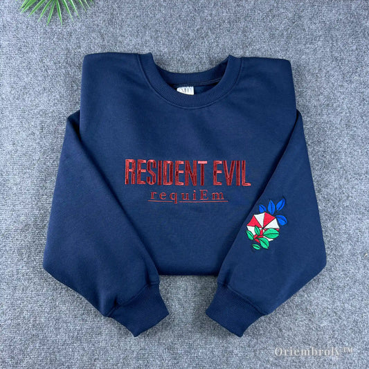 Navy Resident Evil Umbrella Corp embroidered sweatshirt with red lettering and sleeve logo.