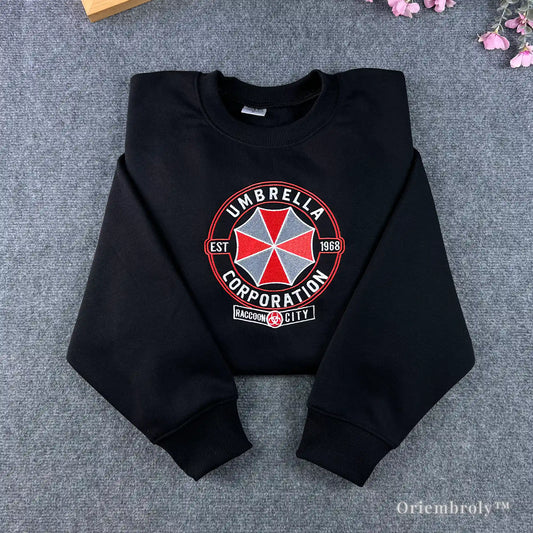 Black Resident Evil sweatshirt with large Umbrella Corporation logo embroidery on chest