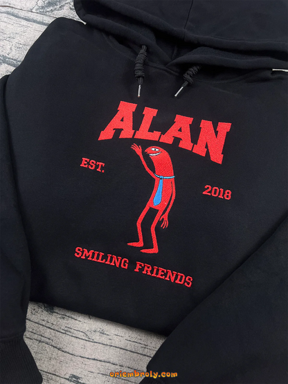 Retro cartoon style embroidered hoodie on black fabric