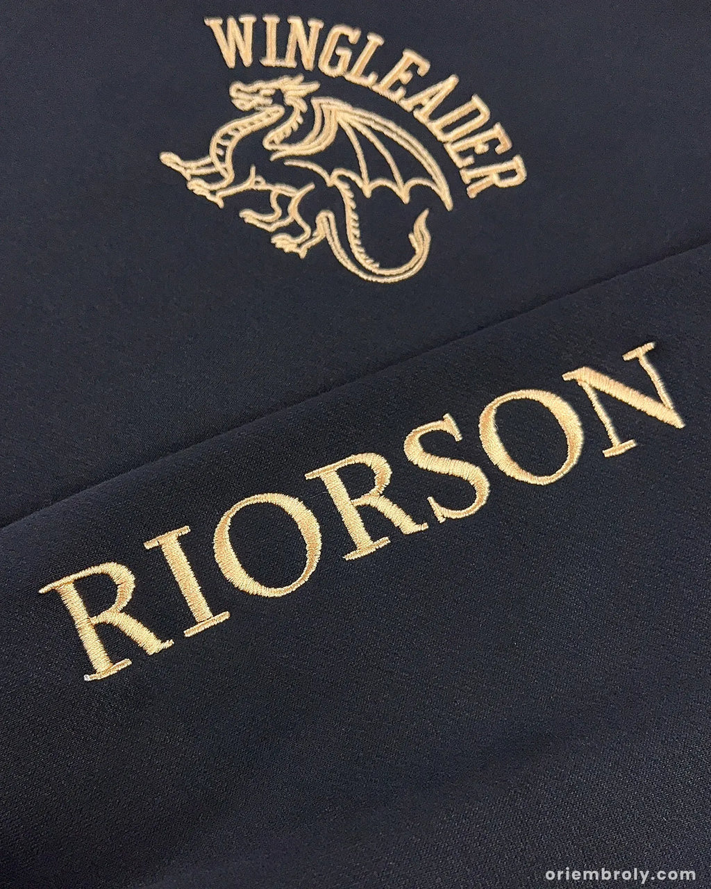 Metallic gold Riorson embroidery on left sleeve