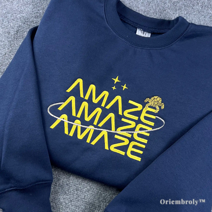 Navy sweatshirt featuring a detailed yellow embroidery of Rocky the Eridian from Andy Weir's Project Hail Mary. High-density satin stitch design for a premium, textured fan apparel