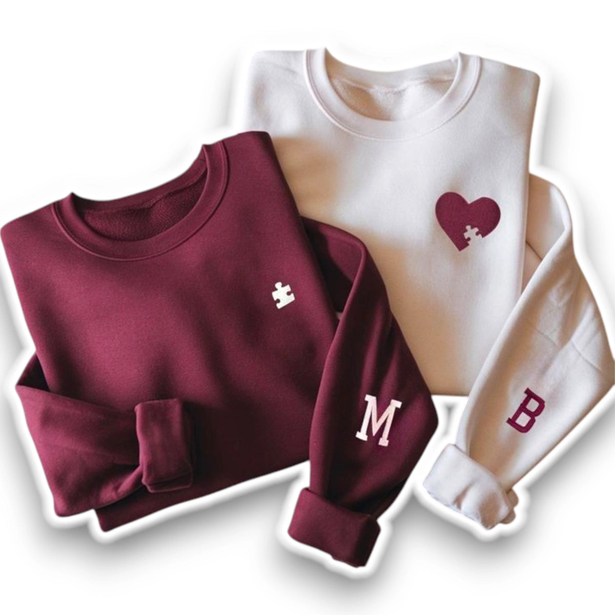 Matching embroidered Roman numeral sweatshirts for couples.