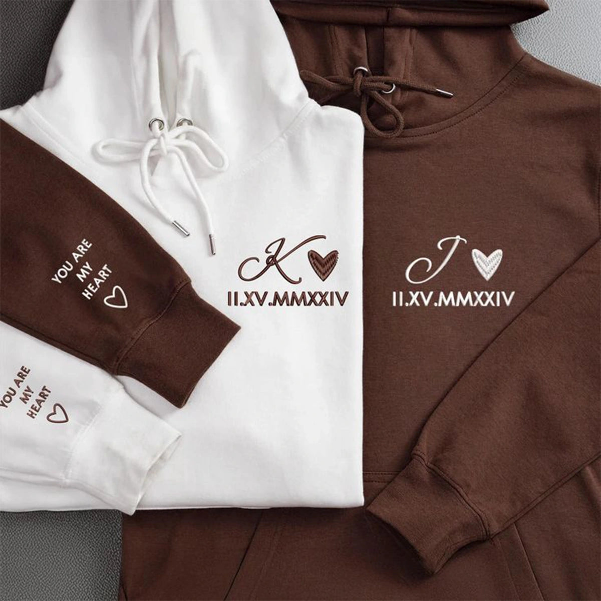 Custom Roman numeral embroidery on the front and back of the hoodie.