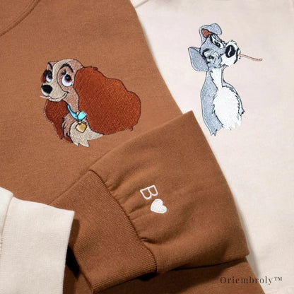 satin stitch embroidery detail of romantic dog artwork
