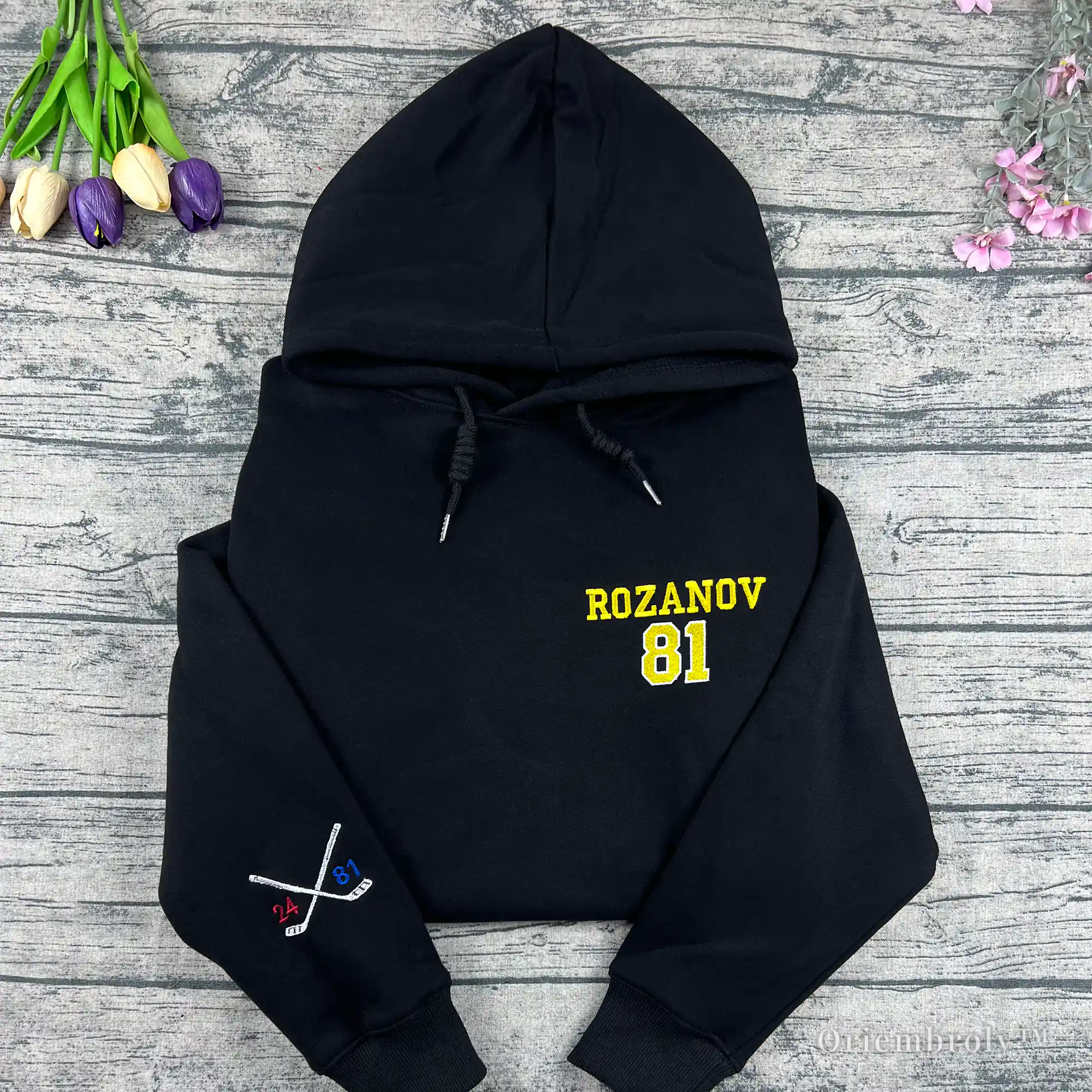 Rozanov 81 embroidered hockey hoodie with yellow lettering