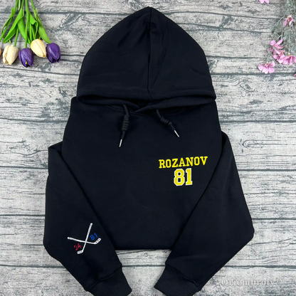 Rozanov 81 embroidered hockey hoodie with yellow lettering