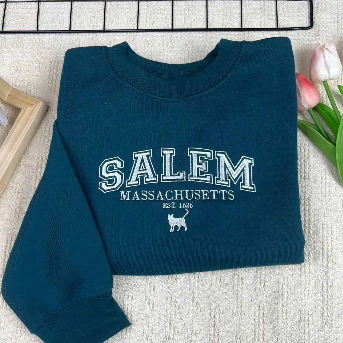 Embroidered Salem Massachusetts sweatshirt for spooky season