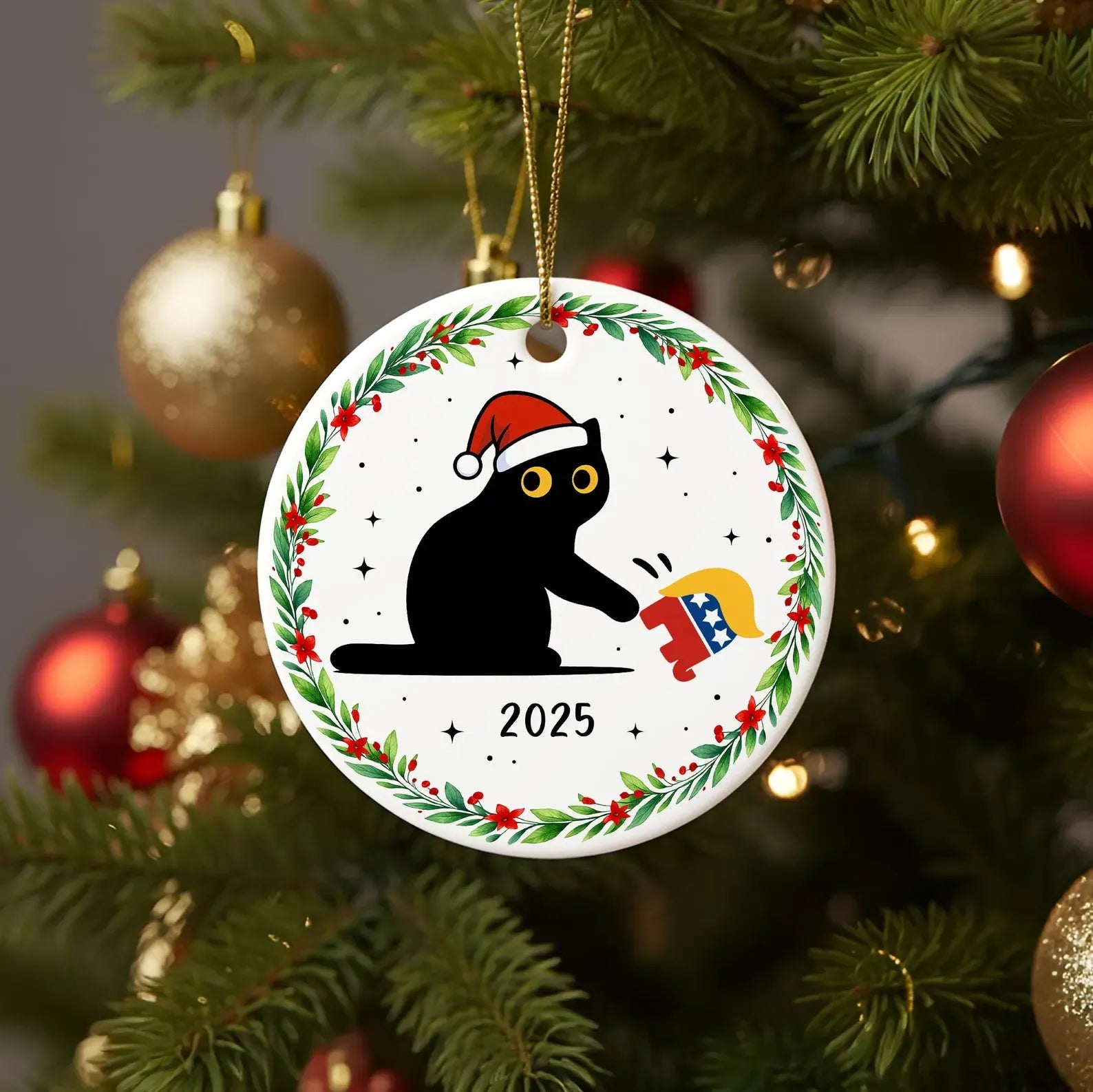 Sarcastic cat Christmas ornament with subtle political humor