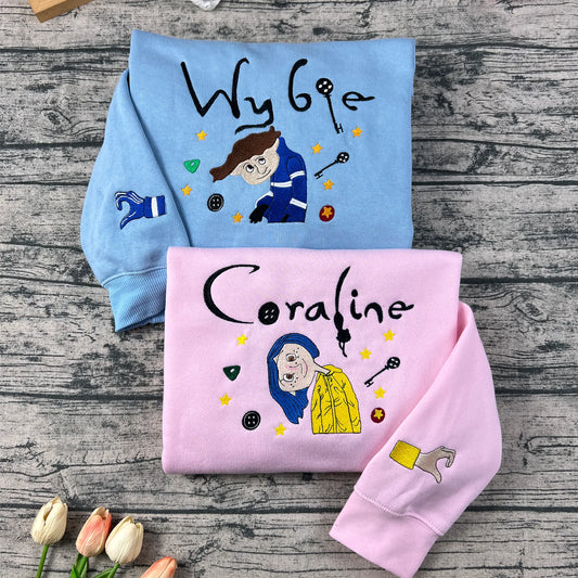 Scary Doll embroidered matching sweatshirt for couples – Halloween Coraline inspired shirt