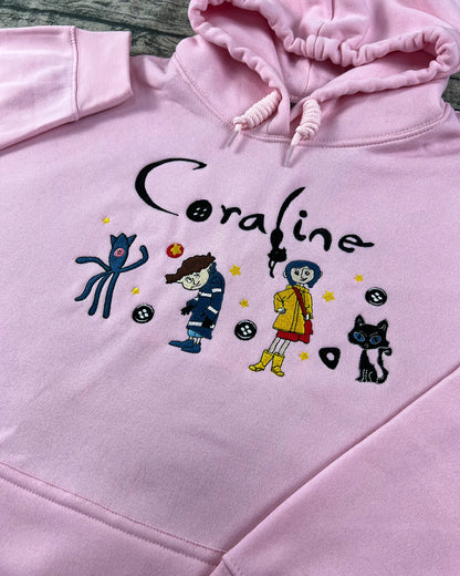 Scary doll Halloween embroidered sweatshirt – Coraline cartoon character hoodie for fans
