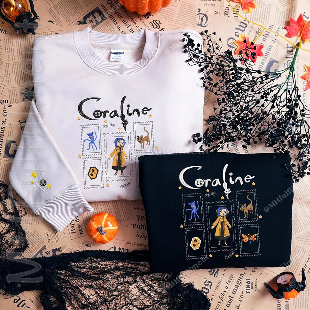 Scary Doll Halloween Embroidered Shirt – Creepy 3D Cartoon Hoodie, Coraline Inspired Horror Tee