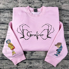 Halloween Coraline and Wybie Embroidered Sweatshirt – Scary Doll Hoodie, Horror Cartoon Character Hoodie for Spooky Season