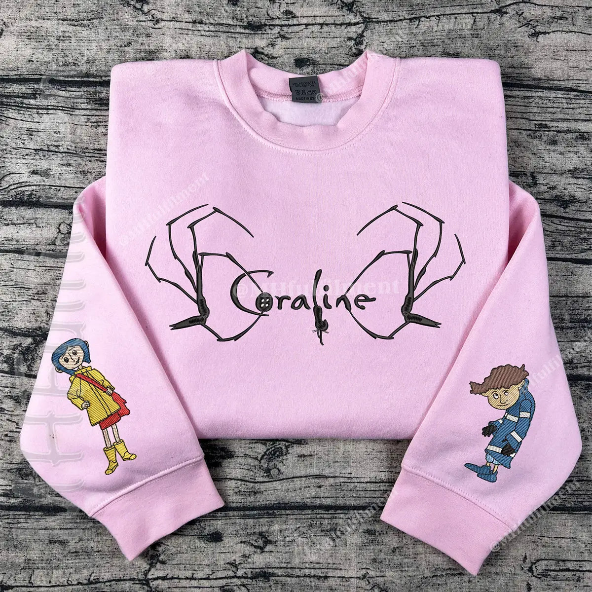 Halloween Coraline and Wybie Embroidered Sweatshirt – Scary Doll Hoodie, Horror Cartoon Character Hoodie for Spooky Season