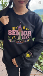 Front view of model wearing a black Senior 2027 Rapunzel themed sweatshirt for high school graduation outfit