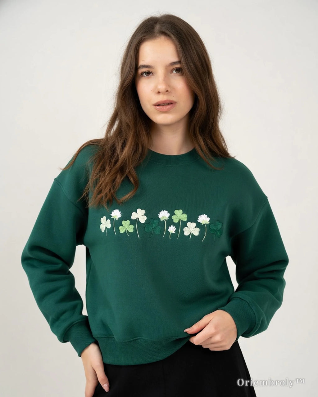 shamrock meadow embroidered sweatshirt design model wearing