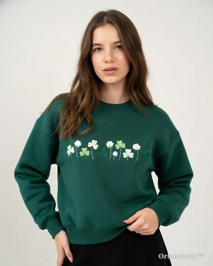 shamrock meadow embroidered sweatshirt design model wearing