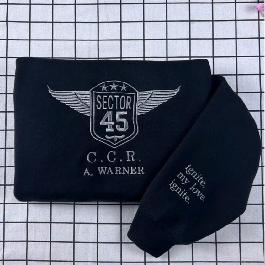 Custom embroidered "Shatter Me" hoodie inspired by Sector 45 uniform