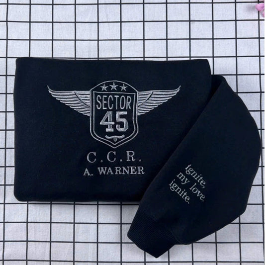 Custom embroidered "Shatter Me" hoodie inspired by Sector 45 uniform